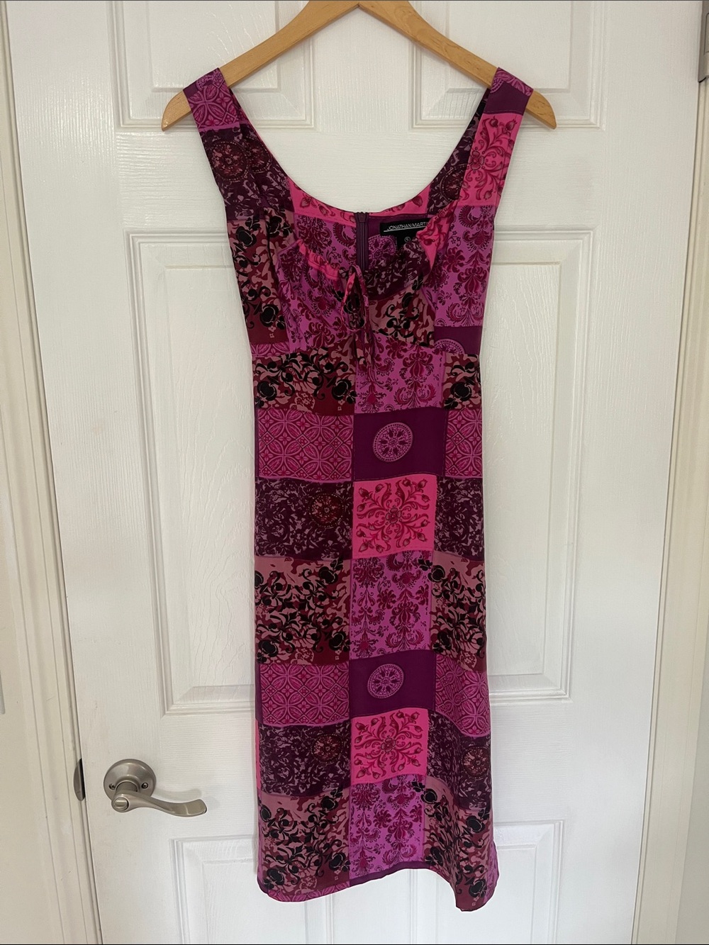 Jonathan Martin Y2K 100% Silk Patchwork Midi Dress Pink and Purple Size 5